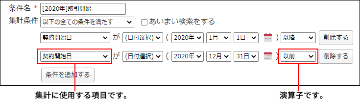 画面キャプチャー：集計に使用する項目と演算子の設定箇所を説明している