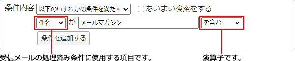 画面キャプチャー：受信メールの処理済み条件に使用する項目と演算子の設定箇所を説明している