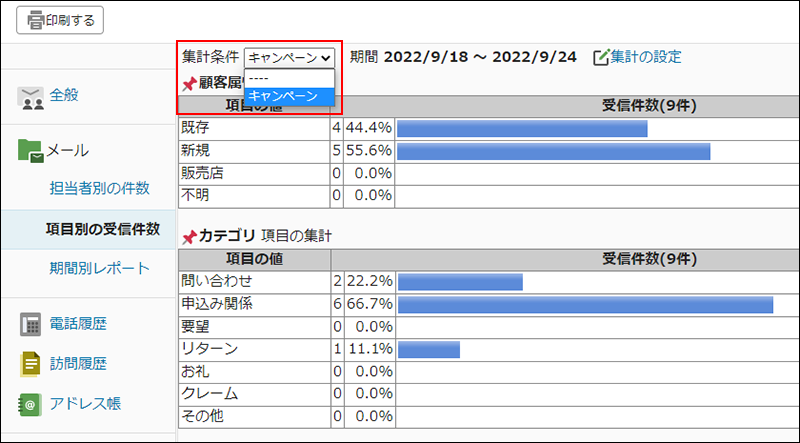 画面キャプチャー：一覧画面で集計条件のメニューを表示させている