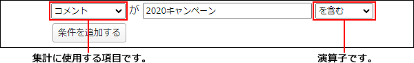 画面キャプチャー：集計に使用する項目と演算子の設定箇所を説明している