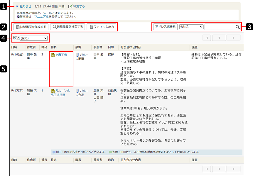 画面キャプチャー：訪問履歴の一覧画面