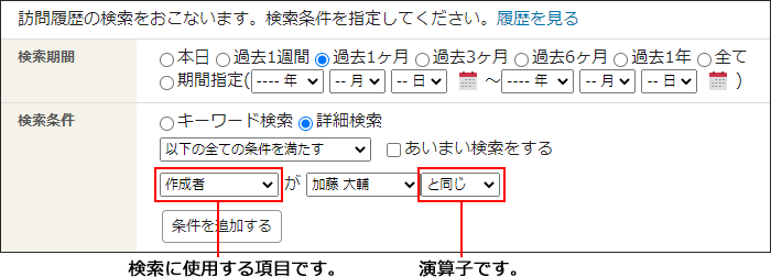 画面キャプチャー：検索に使用する項目と演算子の設定箇所を説明している