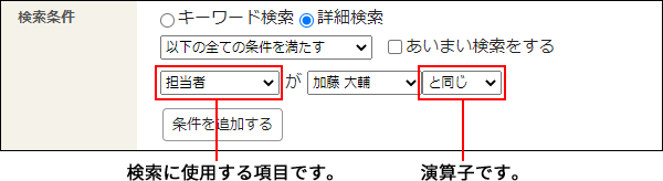 画面キャプチャー：検索に使用する項目と演算子の設定箇所を説明している