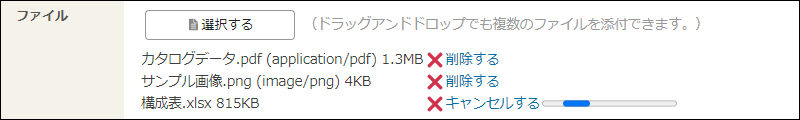 画面キャプチャー：添付の中止やファイルを削除する操作リンクが表示されている